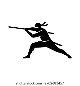 Silueta ninja en una pose de acción dinámica, estilo de Vector minimalista sobre un fondo blanco
