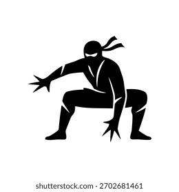Silueta ninja en una pose de acción dinámica, estilo de Vector minimalista sobre un fondo blanco
