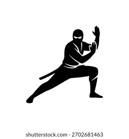 Silueta ninja en una pose de acción dinámica, estilo de Vector minimalista sobre un fondo blanco