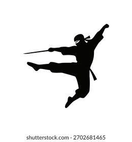 Ninja silhouette in a dynamic action pose, minimalistic vector style on a white background