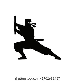 Silueta ninja en una pose de acción dinámica, estilo de Vector minimalista sobre un fondo blanco