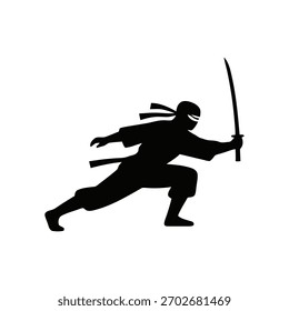 Silueta ninja en una pose de acción dinámica, estilo de Vector minimalista sobre un fondo blanco