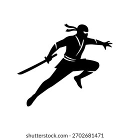 Ninja silhouette in a dynamic action pose, minimalistic vector style on a white background