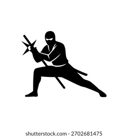 Ninja silhouette in a dynamic action pose, minimalistic vector style on a white background