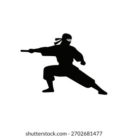 Silueta ninja en una pose de acción dinámica, estilo de Vector minimalista sobre un fondo blanco