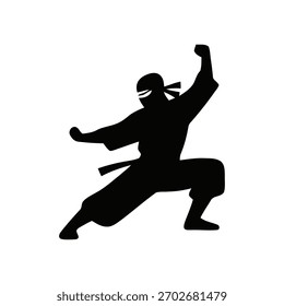 Silueta ninja en una pose de acción dinámica, estilo de Vector minimalista sobre un fondo blanco