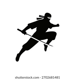Silueta ninja en una pose de acción dinámica, estilo de Vector minimalista sobre un fondo blanco