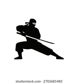 Ninja silhouette in a dynamic action pose, minimalistic vector style on a white background