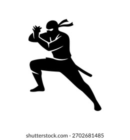 Ninja silhouette in a dynamic action pose, minimalistic vector style on a white background