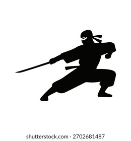 Ninja Silhouette in dynamischer Action-Pose, minimalistischer Vektorstil auf weißem Hintergrund