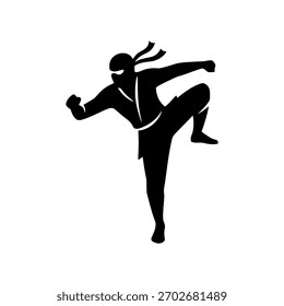 Ninja silhouette in a dynamic action pose, minimalistic vector style on a white background