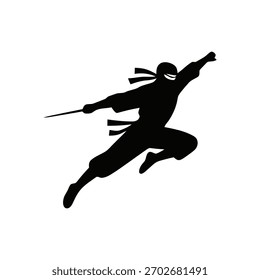 Ninja silhouette in a dynamic action pose, minimalistic vector style on a white background