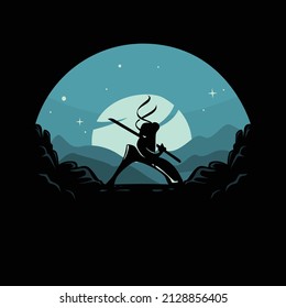 Ninja silhouette with mountain and sunset background.