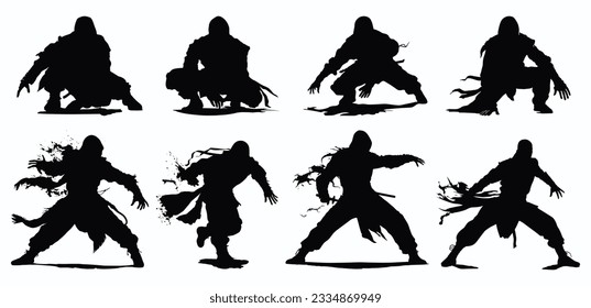 ninja silhouette set in action poses