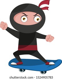 Ninja with skateboard, illustration, vector on white background.