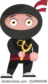 Ninja with sling shot, illustration, vector on white background.