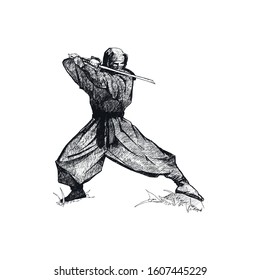 Ninja Soldier with Weapon Isolated on White Background Vector Sketched Illustration. Oriental Martial Art Concept
