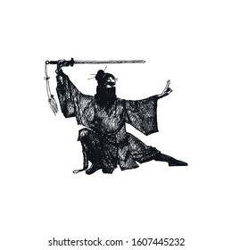 Ninja Soldier with Weapon Isolated on White Background Vector Sketched Illustration. Oriental Martial Art Concept