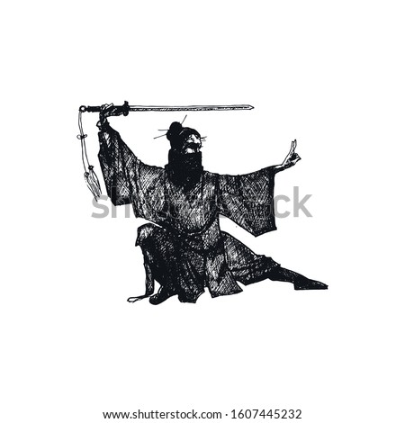 Ninja Soldier with Weapon Isolated on White Background Vector Sketched Illustration. Oriental Martial Art Concept