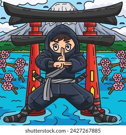 Ninja Standing in Front of a Torii Colored Cartoon