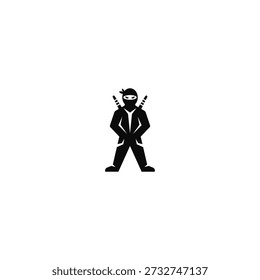 Ninja in standing pose black logo on white background.