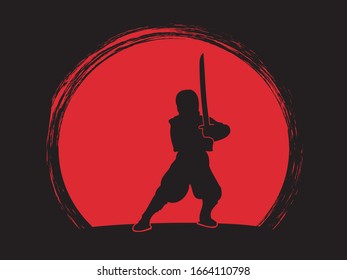 Ninja standing ready to fight with sword. Figure on sunset background.