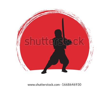 Ninja standing ready to fight with sword. Figure on sunset background.