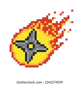 Ninja star in fire, shuriken pixel art