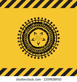 ninja star icon black grunge emblem, yellow warning sign. Vector Illustration. Detailed.