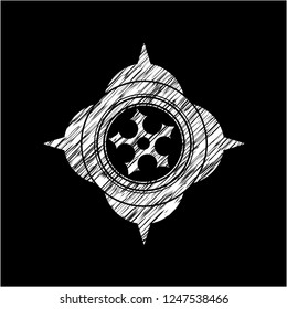 ninja star icon drawn chalk emblem, retro style, chalk or chalkboard texture