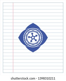 ninja star icon emblem draw with pen effect. Blue ink. Vector Illustration. Detailed.
