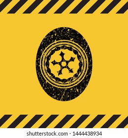 ninja star icon grunge black emblem with yellow background, warning sign. Vector Illustration. Detailed.
