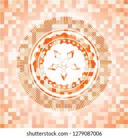 ninja star icon inside abstract emblem, orange mosaic background