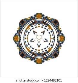 ninja star icon inside arabesque badge background. arabic decoration.