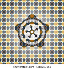 ninja star icon inside arabesque badge background. arabic decoration.