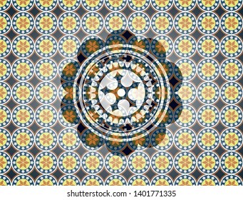 ninja star icon inside arabesque badge background. arabic decoration.