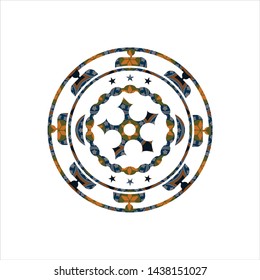 ninja star icon inside arabesque badge background. arabic decoration.
