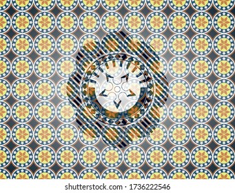 ninja star icon inside arabesque badge background. arabic decoration. 