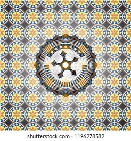 ninja star icon inside arabic badge background. Arabesque decoration.