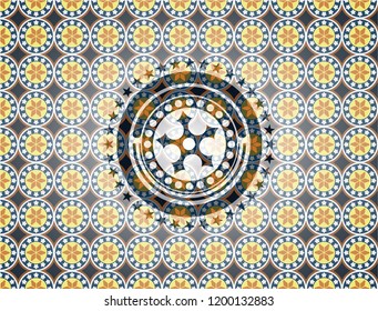 ninja star icon inside arabic emblem background. Arabesque decoration.