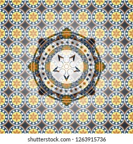 ninja star icon inside arabic style badge. Arabesque decoration.