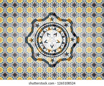 ninja star icon inside arabic style emblem. Arabesque decoration.