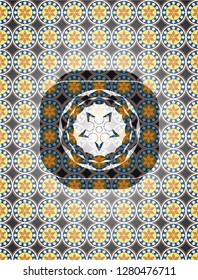 ninja star icon inside arabic badge. Arabesque decoration.