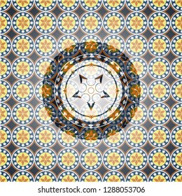 ninja star icon inside arabic emblem background. Arabesque decoration.