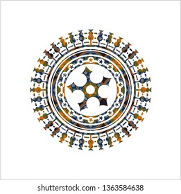 ninja star icon inside arabic badge background. Arabesque decoration.
