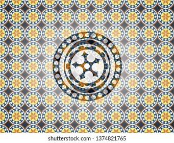 ninja star icon inside arabic badge background. Arabesque decoration.