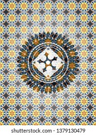 ninja star icon inside arabic badge. Arabesque decoration.