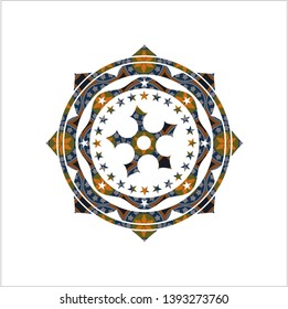 ninja star icon inside arabic badge background. Arabesque decoration.