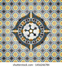 ninja star icon inside arabic style badge. Arabesque decoration.