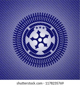 ninja star icon inside badge with denim background